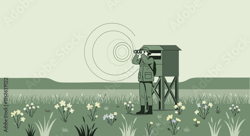Man in Binoculars at Observation Post in Wildflower Meadow