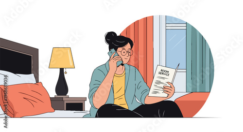Woman Ordering Room Service by Phone in Hotel Room
