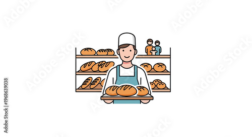 Happy male baker holding fresh bread on tray in bakery, isolated white background.