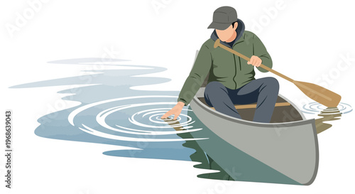 Man in Canoe Touching Water, Creating Ripples, Peaceful Outdoor Recreation