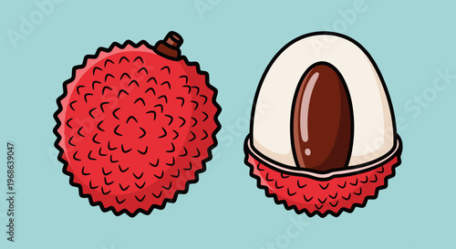 A colorful illustration of a lychee fruit, showcasing its vibrant red skin and white pulp with a single seed, against a soft blue background.