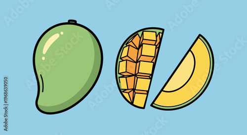 A colorful illustration of a whole mango and two slices, one showing the fruit's interior, against a light blue background, conveying freshness and he