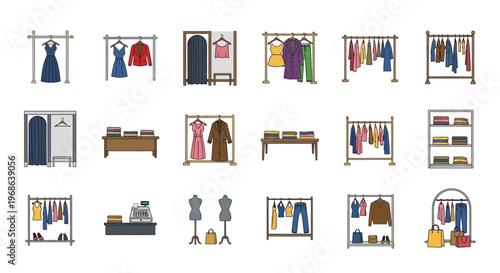 Comprehensive Set of Fashion and Clothing Store Icons for Retail and Apparel Industry on Isolated White Background