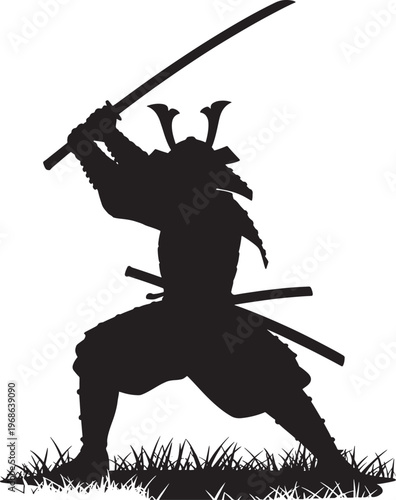 Powerful Samurai Warrior Silhouette with Katana Sword on Grassy Ground