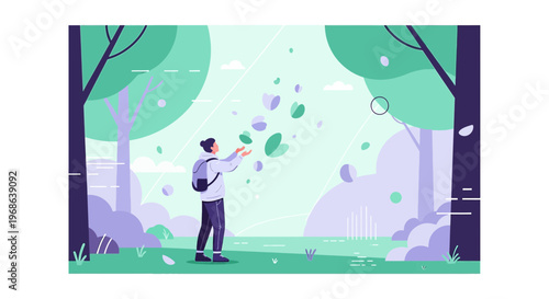 Man in Forest Catching Falling Leaves, Serene Nature Scene