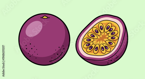 Vibrant cartoon illustration of a whole and halved passion fruit on a light green background, conveying freshness and health.