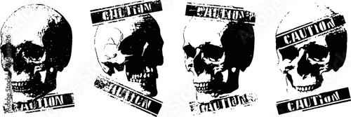 Grunge skull silhouette set with caution stamps dark eerie design elements for danger and warning concepts