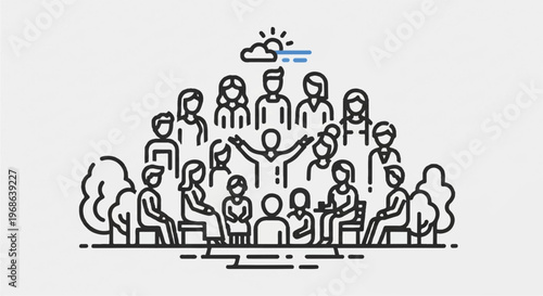 Diverse group of people icons, teamwork illustration, line art style, business concept, communication symbols