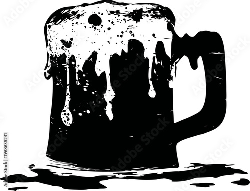overflowing beer mug with frothy foam spilling over, pint glass full of beer liquid