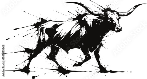 Black ink splatter bull illustration with dynamic brushstroke and aggressive stance