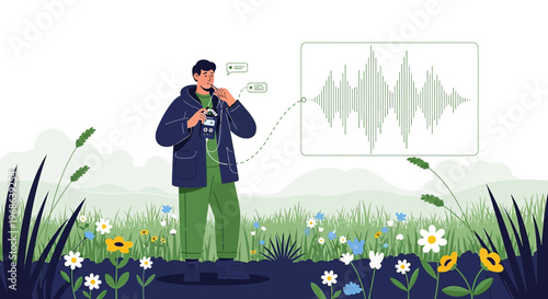Man in Meadow Recording Nature Sounds, Audio Waveform Visualization