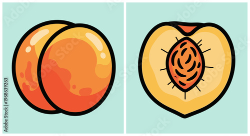 An illustration of a whole peach and a halved peach showcasing its inner texture, against a light blue background, conveying freshness and health.