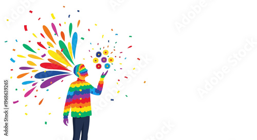 Man in Rainbow Colors with Exploding Confetti and Flowers