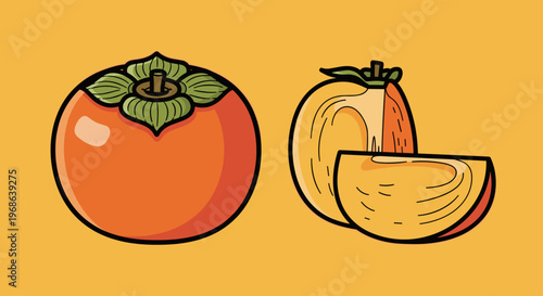 A vibrant illustration of persimmons, showcasing a whole fruit and a sliced one, evoking a sense of freshness and healthy eating.