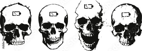set of four detailed human skull illustrations with various front and side views