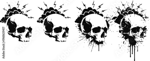 Illustration of cracked skulls with explosive cracks and splatters, grunge horror tattoo design