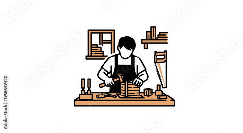 Diligent Man Woodworking with a Saw in a Workshop with Shelves, Isolated White Background