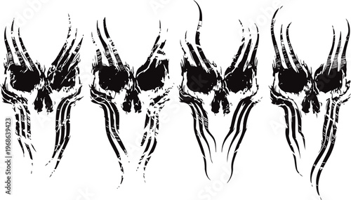 four stylized black skull designs with abstract vertical lines on white background