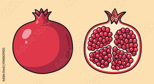 A colorful illustration of a whole pomegranate and a halved pomegranate showcasing its juicy seeds on a light background.