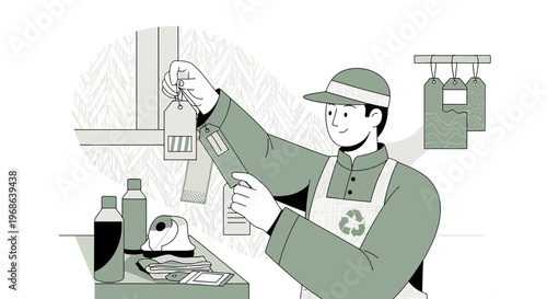 Man in Uniform Applies Label to Product with Recycling Symbol