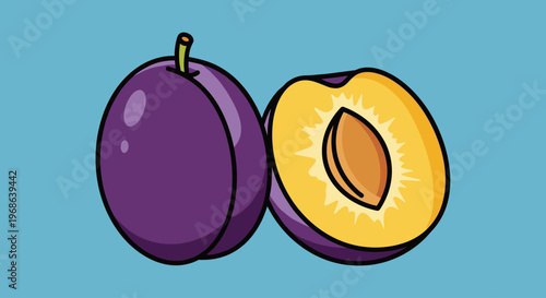 A colorful illustration of a whole plum and a halved plum showcasing its yellow interior on a light blue background.