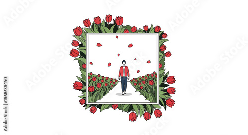Man in Tulip Field Surrounded by Floral Frame, Spring Concept