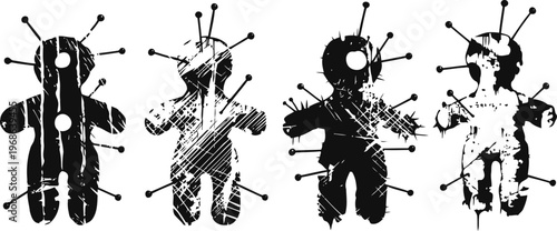 Grunge voodoo doll silhouette set with pins, spooky occult figures in distressed black texture