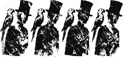 Vintage men silhouette with parrots on shoulder in top hat illustration set