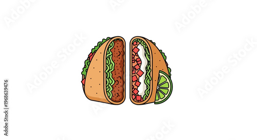 Delicious taco cut in half showing rich fillings with a fresh lime wedge, isolated white background
