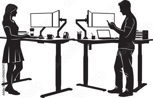 Standing desk office illustration, ergonomic workstation vector, modern workplace silhouette, dual monitor setup artwork, remote work design, flat vector illustration