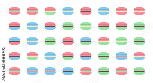 Colorful pattern of French macarons in pink, blue, and green, a sweet bakery dessert, isolated white background