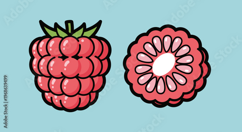 A cheerful cartoon illustration of a whole raspberry and a halved raspberry on a light blue background, conveying freshness and health.