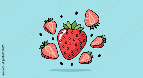 A stylized illustration of strawberries floating in mid-air, conveying a sense of freshness and playfulness, perfect for food-related marketing materi