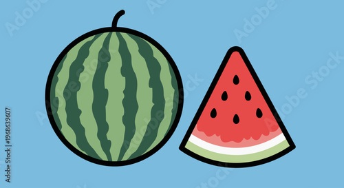 A colorful illustration of a whole watermelon and a slice on a blue background, evoking a sense of freshness and summertime fun.