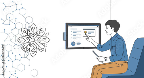 Man Interacting with Digital Display, Data Analytics, and Abstract Geometric Design