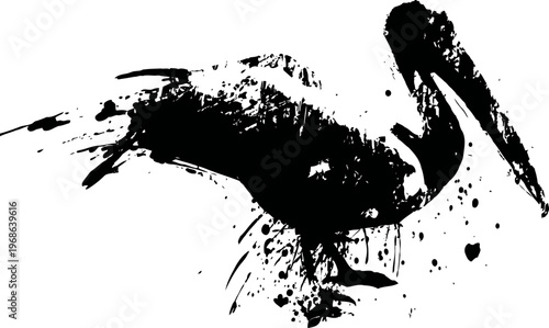 Black ink splash pelican silhouette abstract bird shape with spreading wings artistic ink blot waterfowl illustration