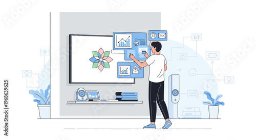 Man Interacting with Digital Display Showing Analytics and Flower Graphic