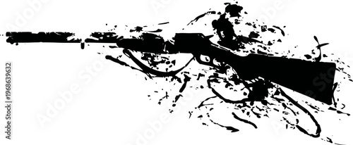 black silhouette of an abstract rifle with artistic paint splatter and grunge design elements