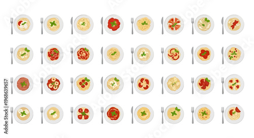 Collection of various Italian pasta dishes on plates with cutlery, ready to eat, isolated white background
