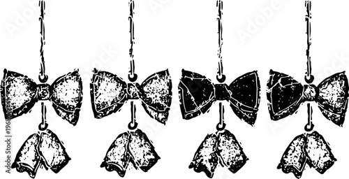 Vintage hand drawn bow ties with hanging bells, festive decoration line art illustration