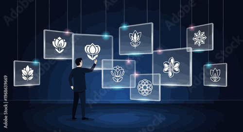 Man Interacting with Digital Flower Icons Displayed on Transparent Screens