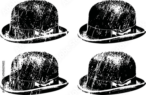 Four vintage bowler hats with distressed textures in black and white retro