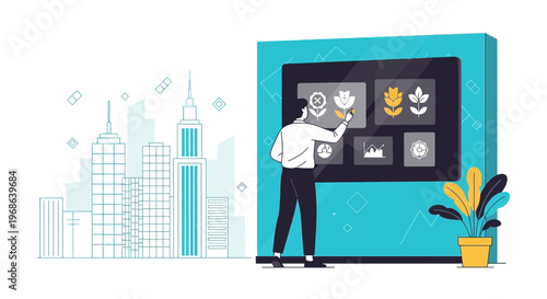 Man Interacting with Futuristic Digital Display Showing Botanical Icons in Cityscape