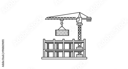 Outline illustration of a construction crane lifting a concrete slab onto a building frame, isolated white background