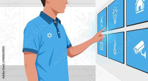Man Interacting with Smart Home Interface on Touchscreen