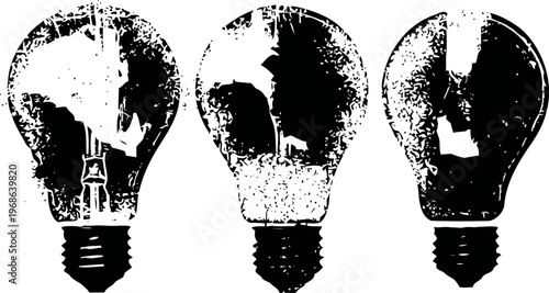Grunge light bulbs set three distressed incandescent lamps icons in black and white isolated on white background