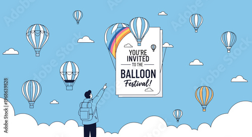 Man Invites to Hot Air Balloon Festival, Sky with Balloons and Clouds