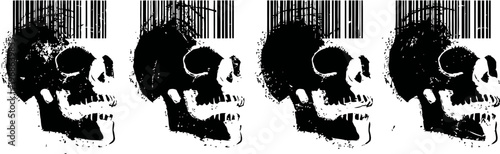 four black and white skull illustrations in a horizontal row with barcode backgrounds