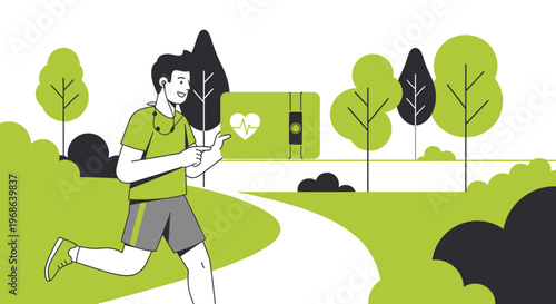 Man jogging in park, checking fitness tracker on virtual screen
