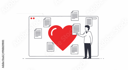 Man interacting with large red heart and documents on a digital screen